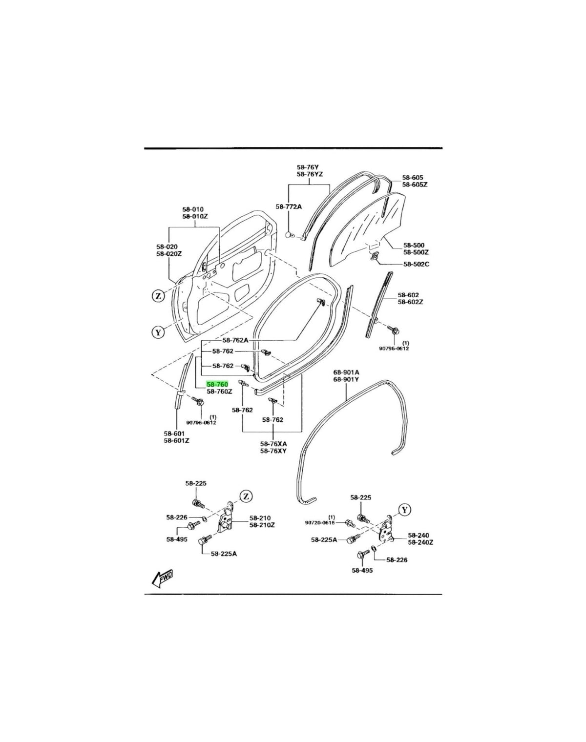 Rotary Parts NZ genuine Mazda RX7 FD front door seal diagram showing installation placement on the door frame