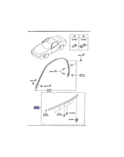 Rotary Parts NZ genuine Mazda RX7 FD front door weatherstrip technical diagram showing installation components