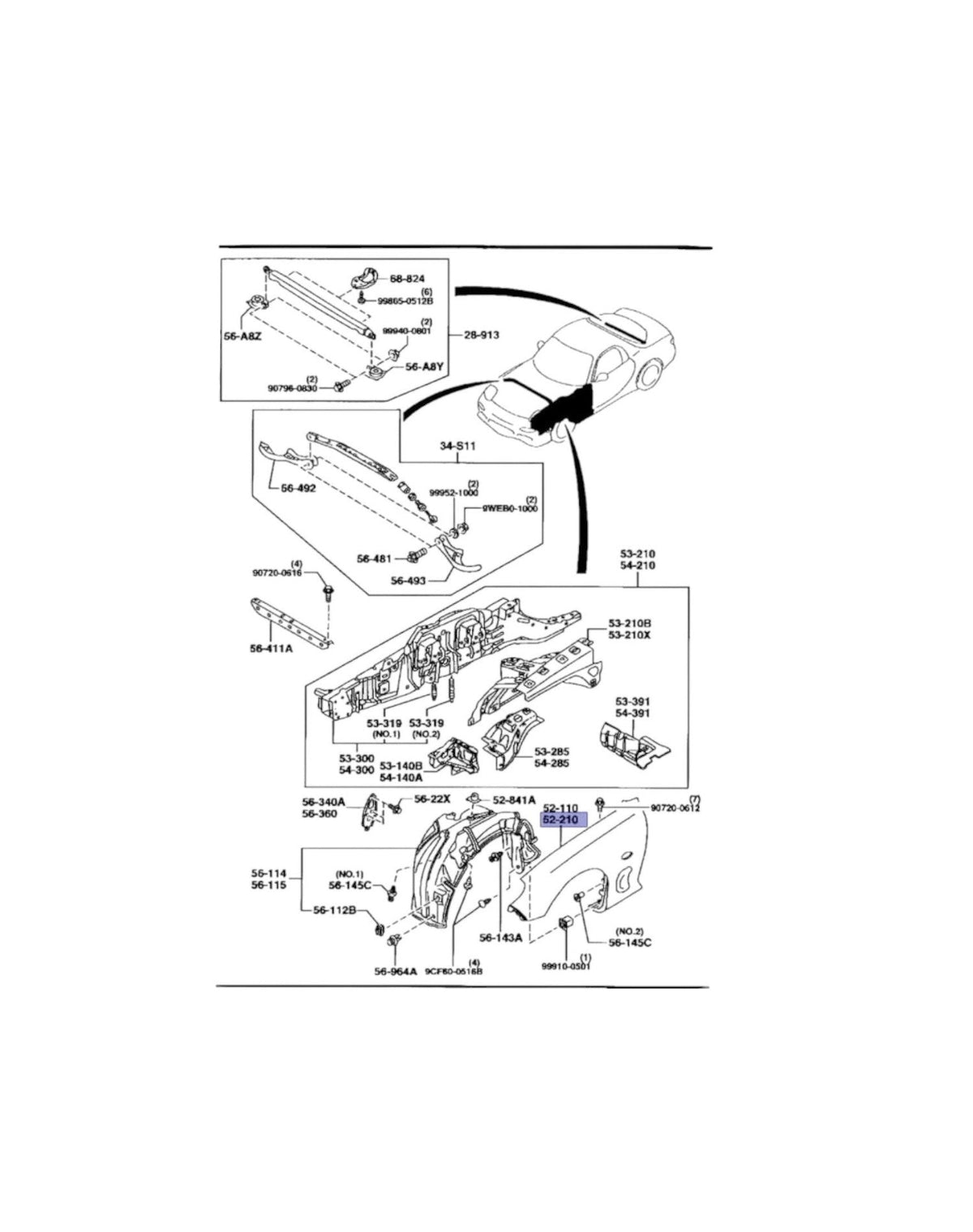 Rotary Parts NZ genuine Mazda RX7 FD front guard technical diagram showing assembly parts and mounting points