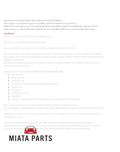 Rotary Parts NZ warranty information document for a brand new genuine Mazda RX7 FD3S 13B rotary short engine